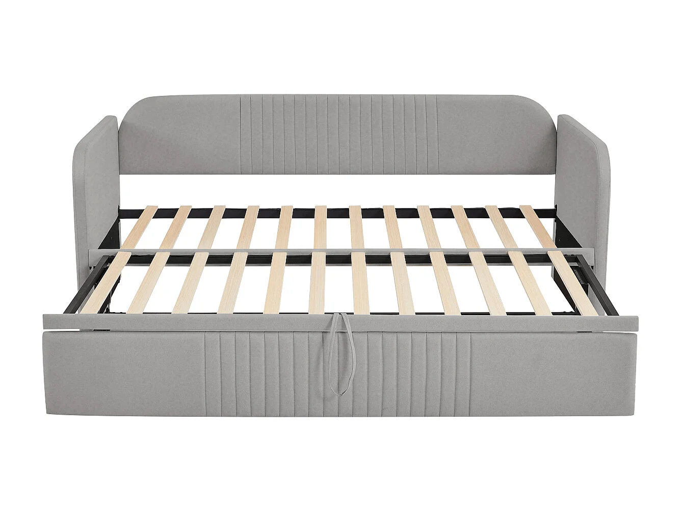 Uitschuifbed 90-180x190cm, gestoffeerde slaapbank met verticale strepen, met lattenbodem, zonder matras, linnen stof, lichtgrijs