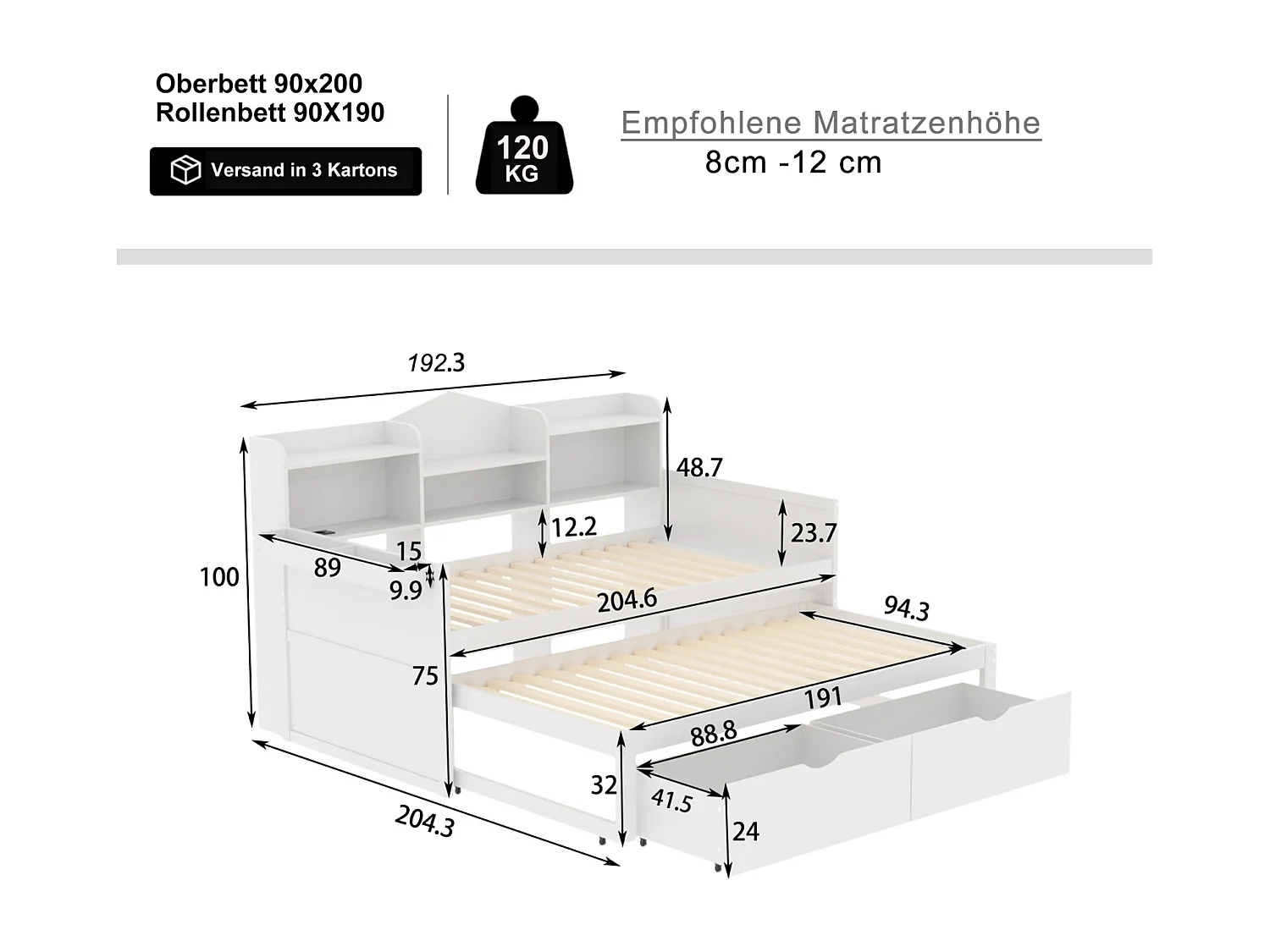 Letto estraibile 90x200cm+90x190cm - struttura in legno massello con rete a doghe, porta USB, bianco