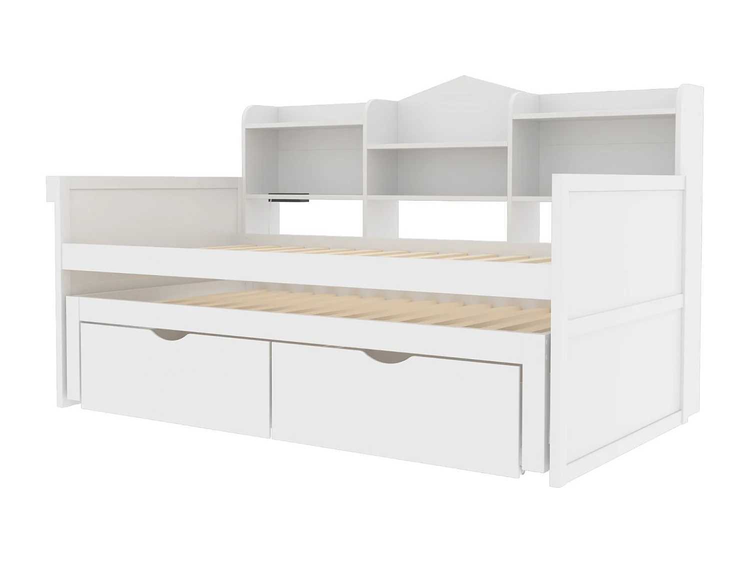 Letto estraibile 90x200cm+90x190cm - struttura in legno massello con rete a doghe, porta USB, bianco