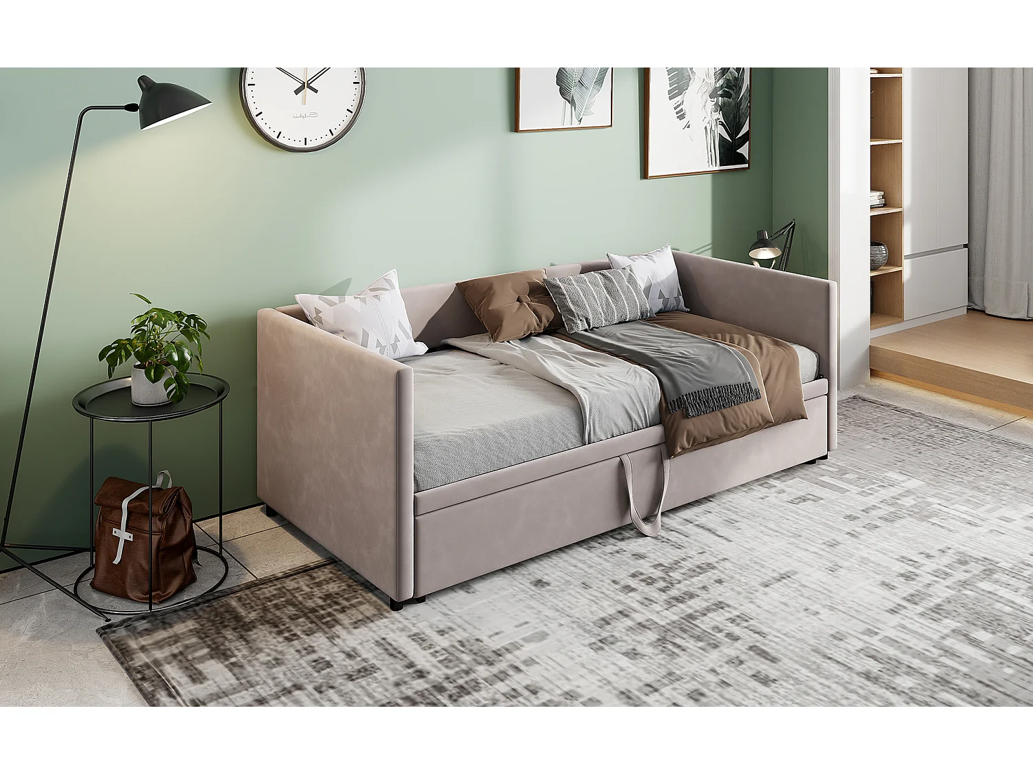 Sofá cama extensible 90x200 cm en terciopelo gris, convertible en cama de matrimonio 180x200 cm, diseño moderno y práctico