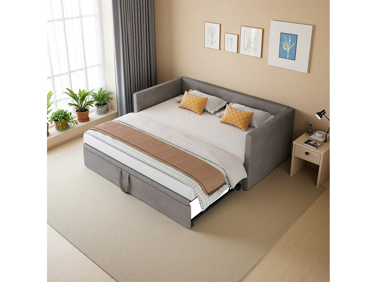 Sofá cama extensible 90x200 cm en terciopelo gris, convertible en cama de matrimonio 180x200 cm, diseño moderno y práctico