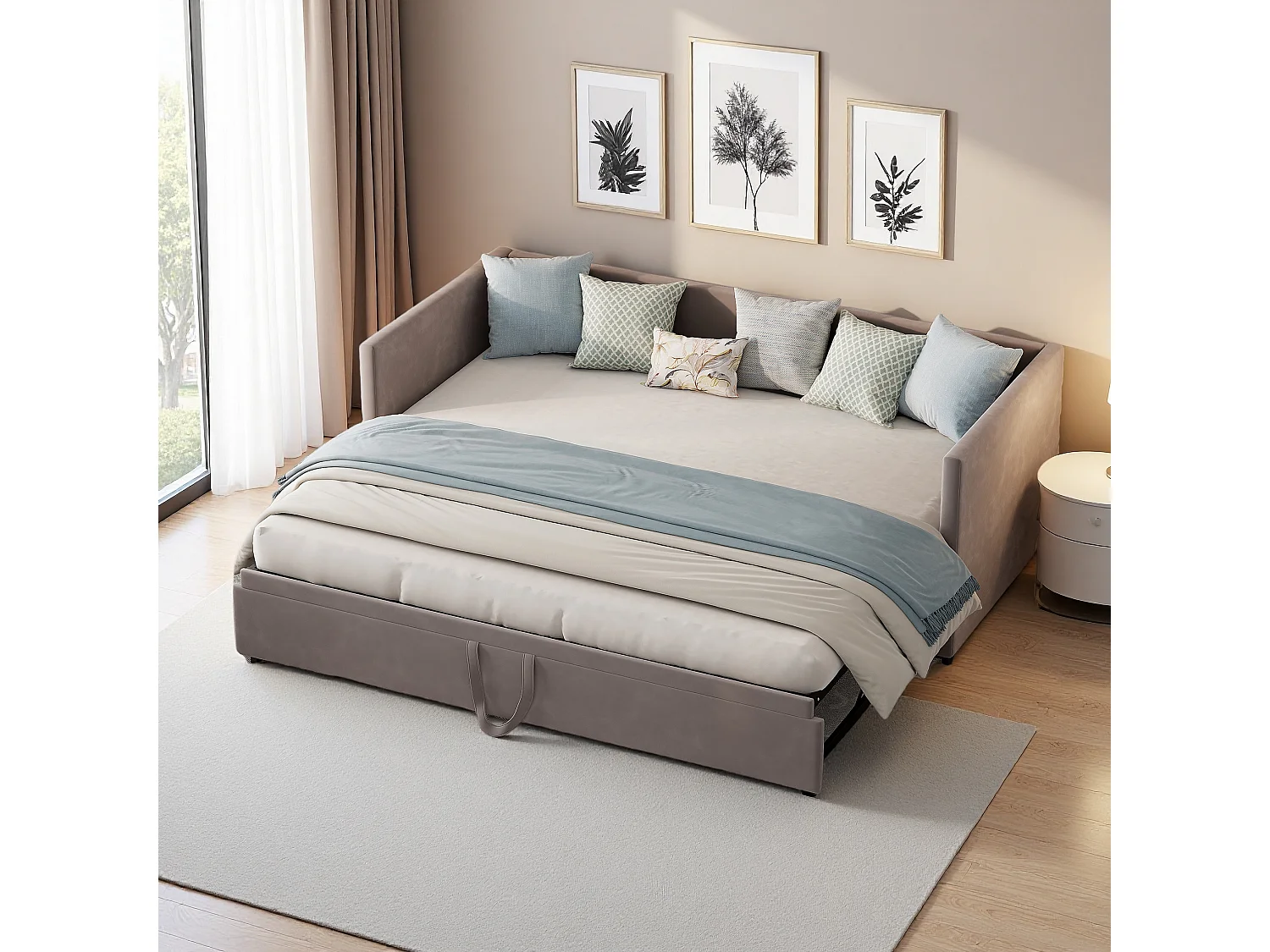 Canapé-lit extensible 90x200 cm en velours gris, convertible en lit double 180x200 cm, design moderne et pratique