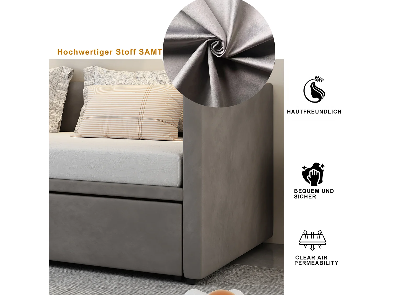 Canapé-lit extensible 90x200 cm en velours gris, convertible en lit double 180x200 cm, design moderne et pratique