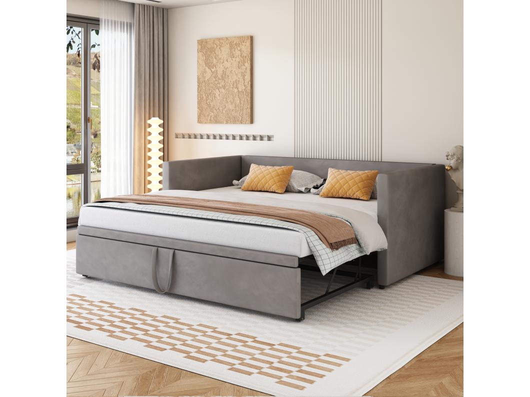 Uitschuifbed 90/180x200 cm - gestoffeerde slaapbank - uitschuifbaar bed met lattenbodems - multifunctioneel bed in huidvriendelijke fluwelen stof - Grijs