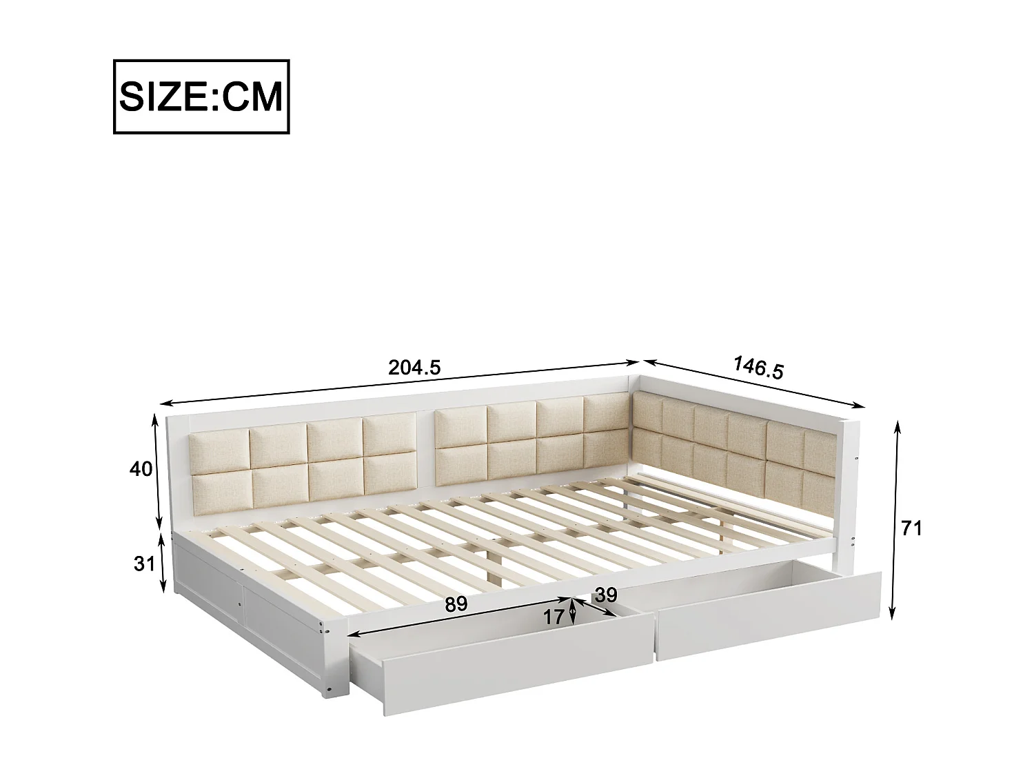 Letto estraibile 140x200cm - divano letto in legno massello - ampio schienale imbottito con 2 cassetti portaoggetti, rete a doghe, letto per adulti - Bianco