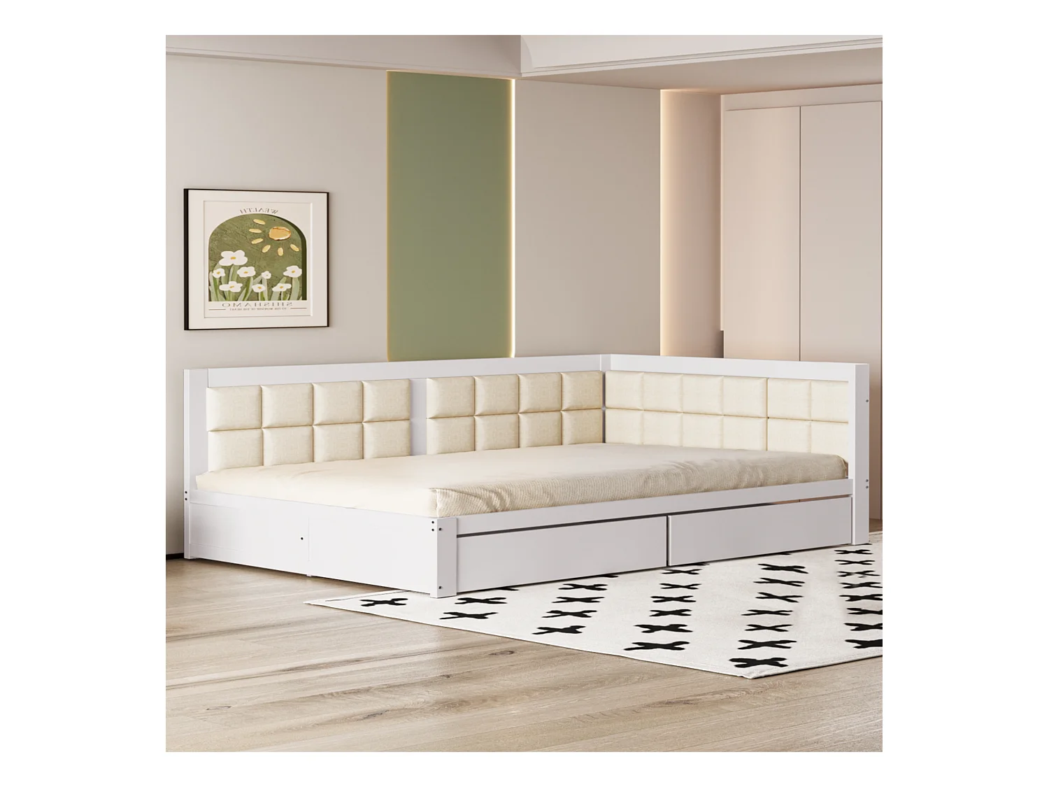 Cama nido 140x200cm - sofá cama de madera maciza - amplio respaldo tapizado con 2 cajones de almacenaje, somier de láminas, cama para adulto - Blanco