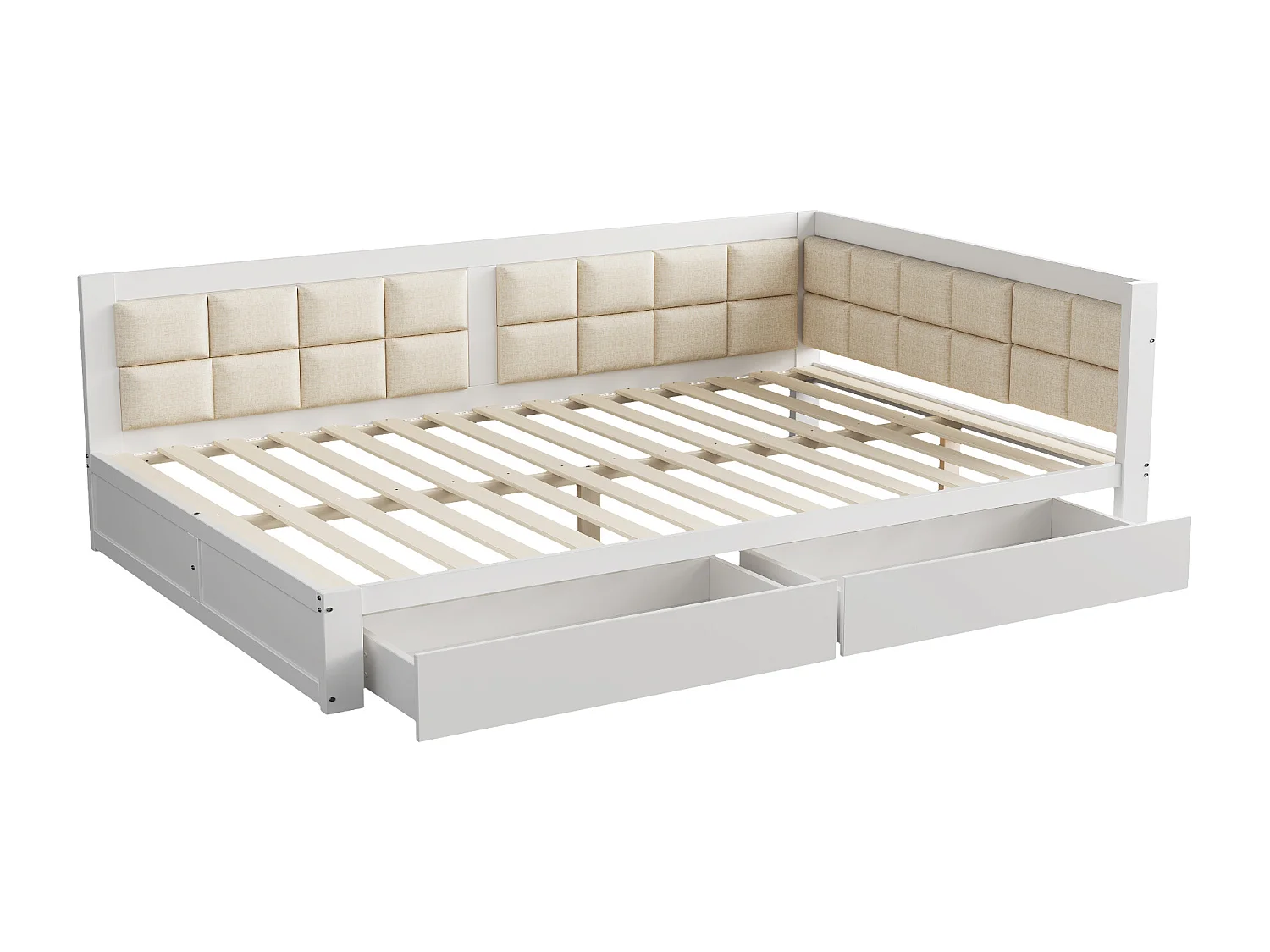 Cama nido 140x200cm - sofá cama de madera maciza - amplio respaldo tapizado con 2 cajones de almacenaje, somier de láminas, cama para adulto - Blanco