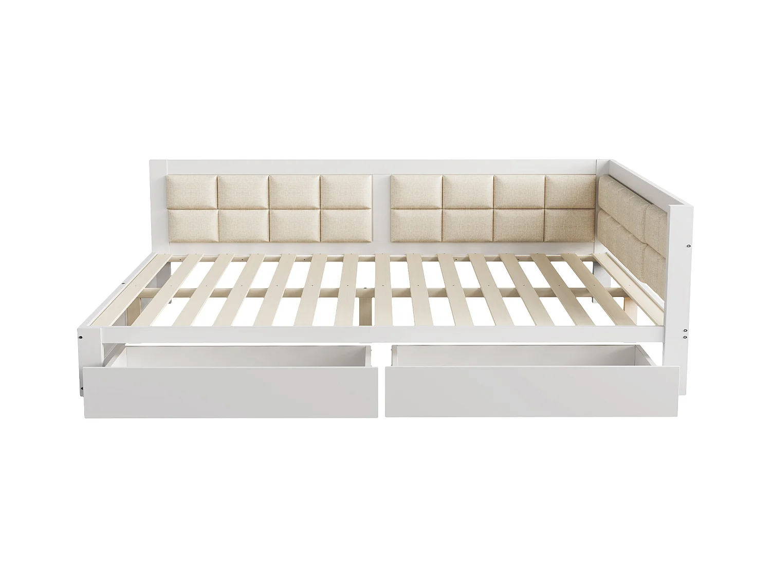 Cama nido 140x200cm - sofá cama de madera maciza - amplio respaldo tapizado con 2 cajones de almacenaje, somier de láminas, cama para adulto - Blanco