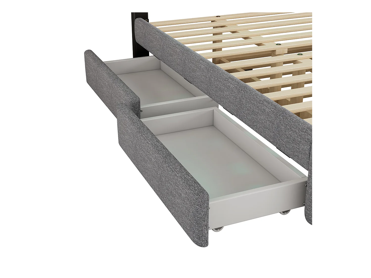 Lit gigogne capitonné 140x200cm+90x200cm, lit double plateforme avec 2 tiroirs, table de lit avec barre lumineuse, gris