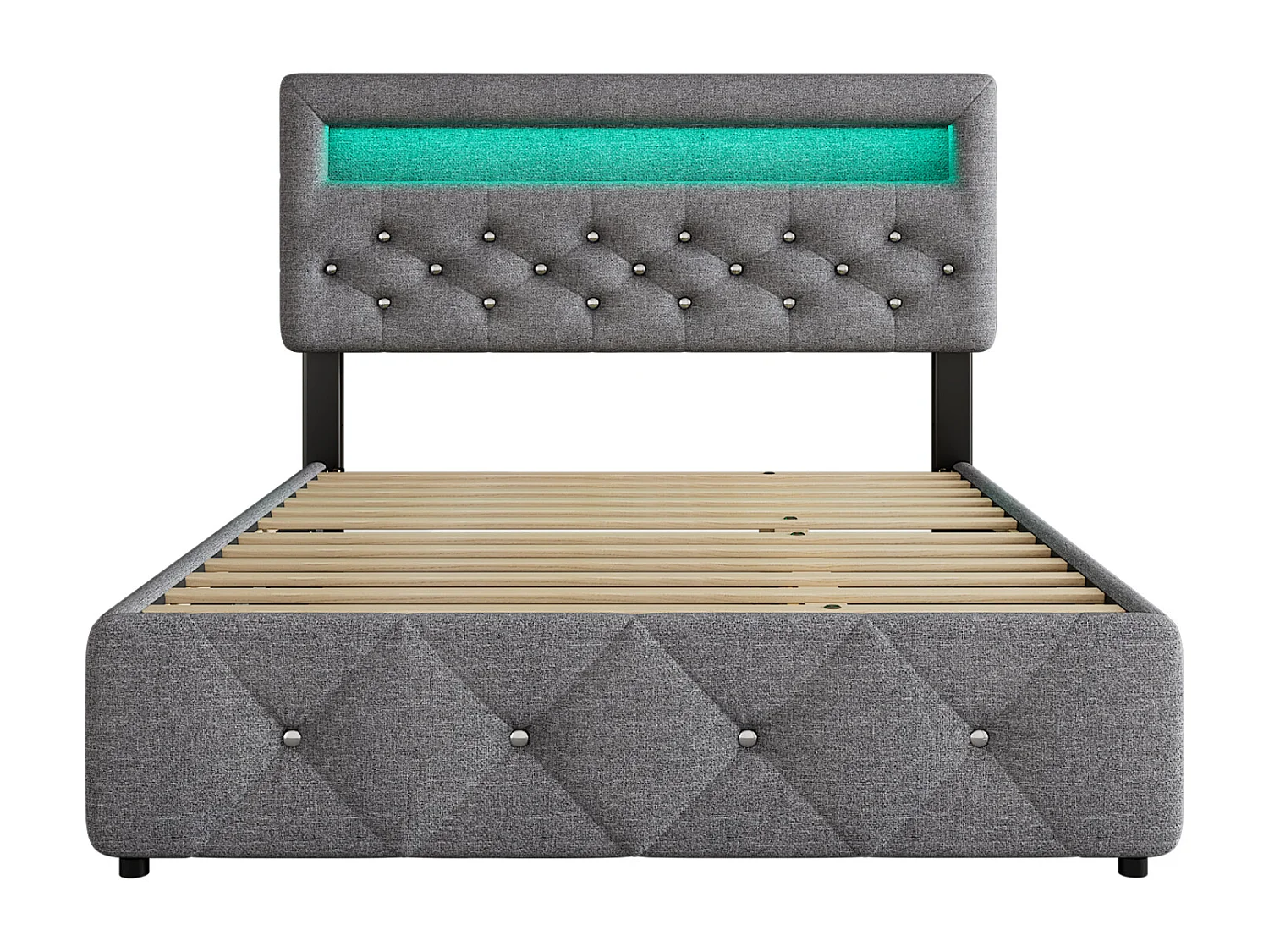 Gestoffeerd uitschuifbed 140x200cm+90x200cm, tweepersoonsbed met 2 lades, nachtkastje met lichtbalk, grijs