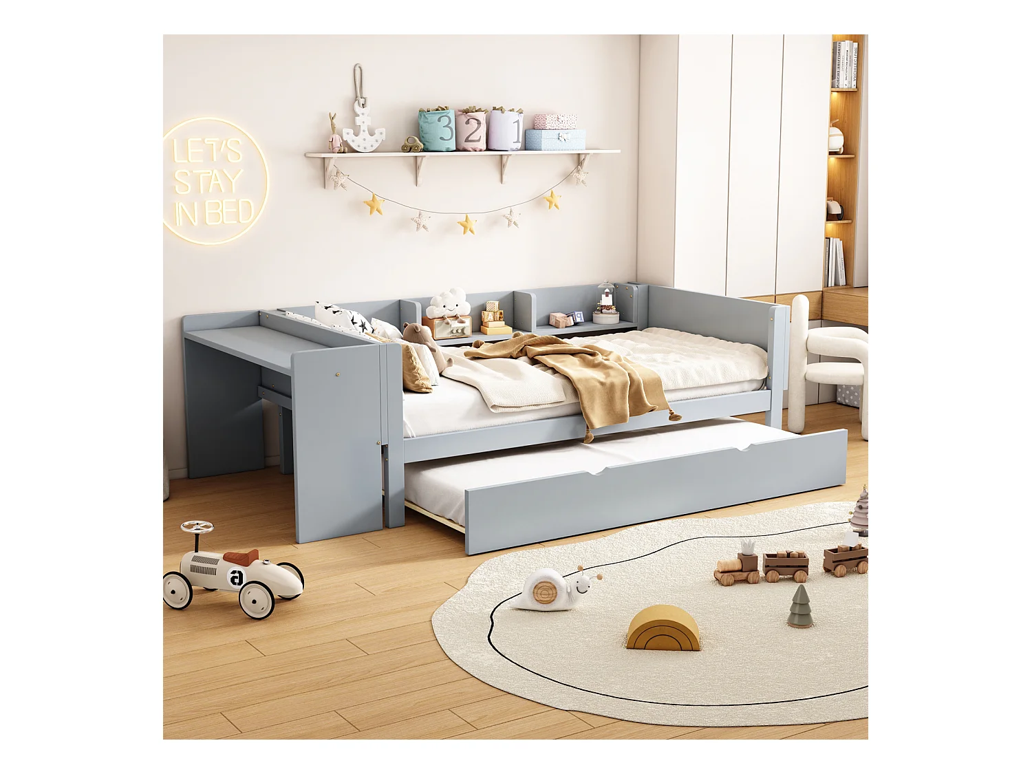 Lit gigogne 90x200cm+90x180cm, avec petit bureau, trois étagères sur le côté du lit, gris