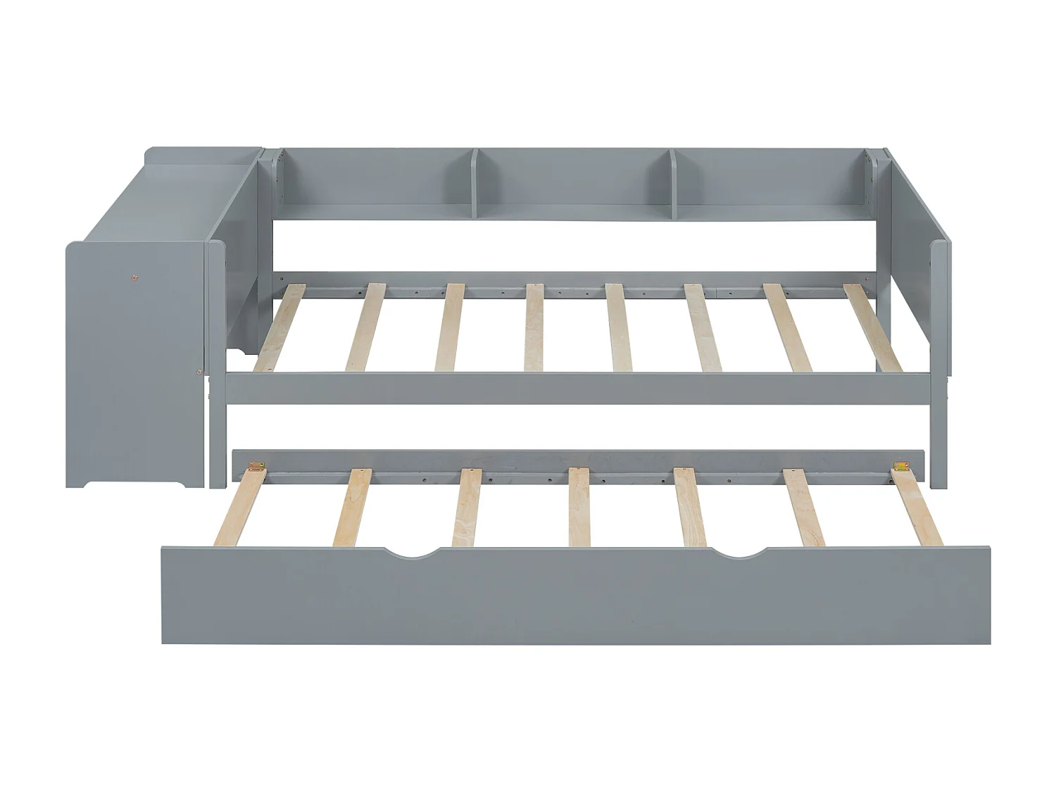 Uitschuifbed 90x200cm+90x180cm, met klein bureau, drie planken aan de zijkant van het bed, grijs