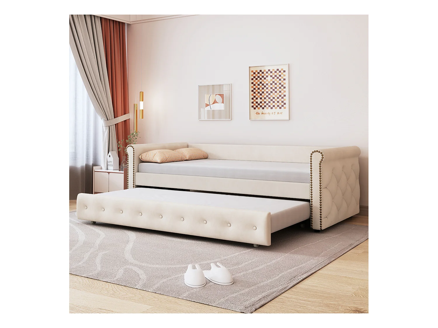 Uitschuifbed 2x90x200cm - Uitschuifbare slaapbank met lattenbodems, zonder matras - fluwelen stoffen bed - Beige