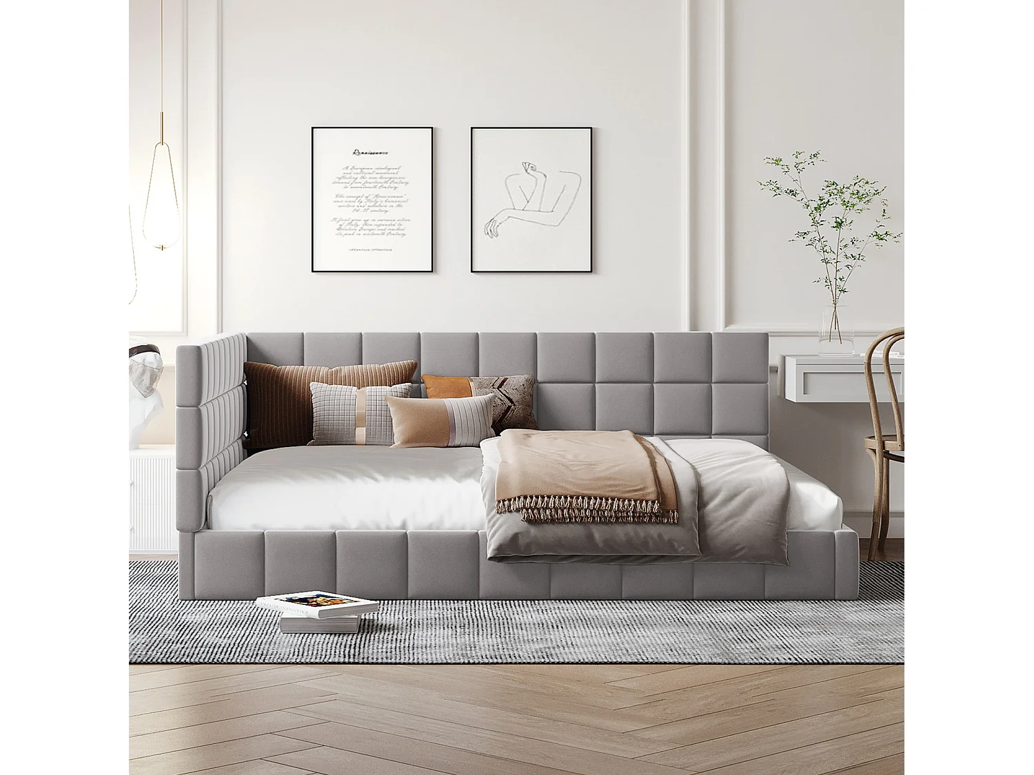 Cama nido tapizada 140x200cm, sofá cama, somier de láminas, cama adulto, terciopelo, Gris