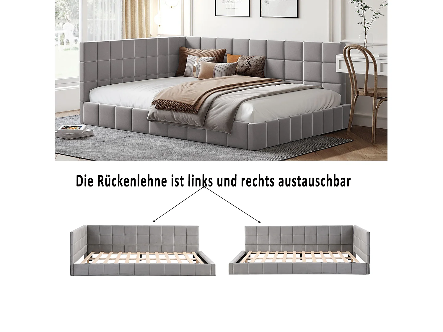 Cama nido tapizada 140x200cm, sofá cama, somier de láminas, cama adulto, terciopelo, Gris