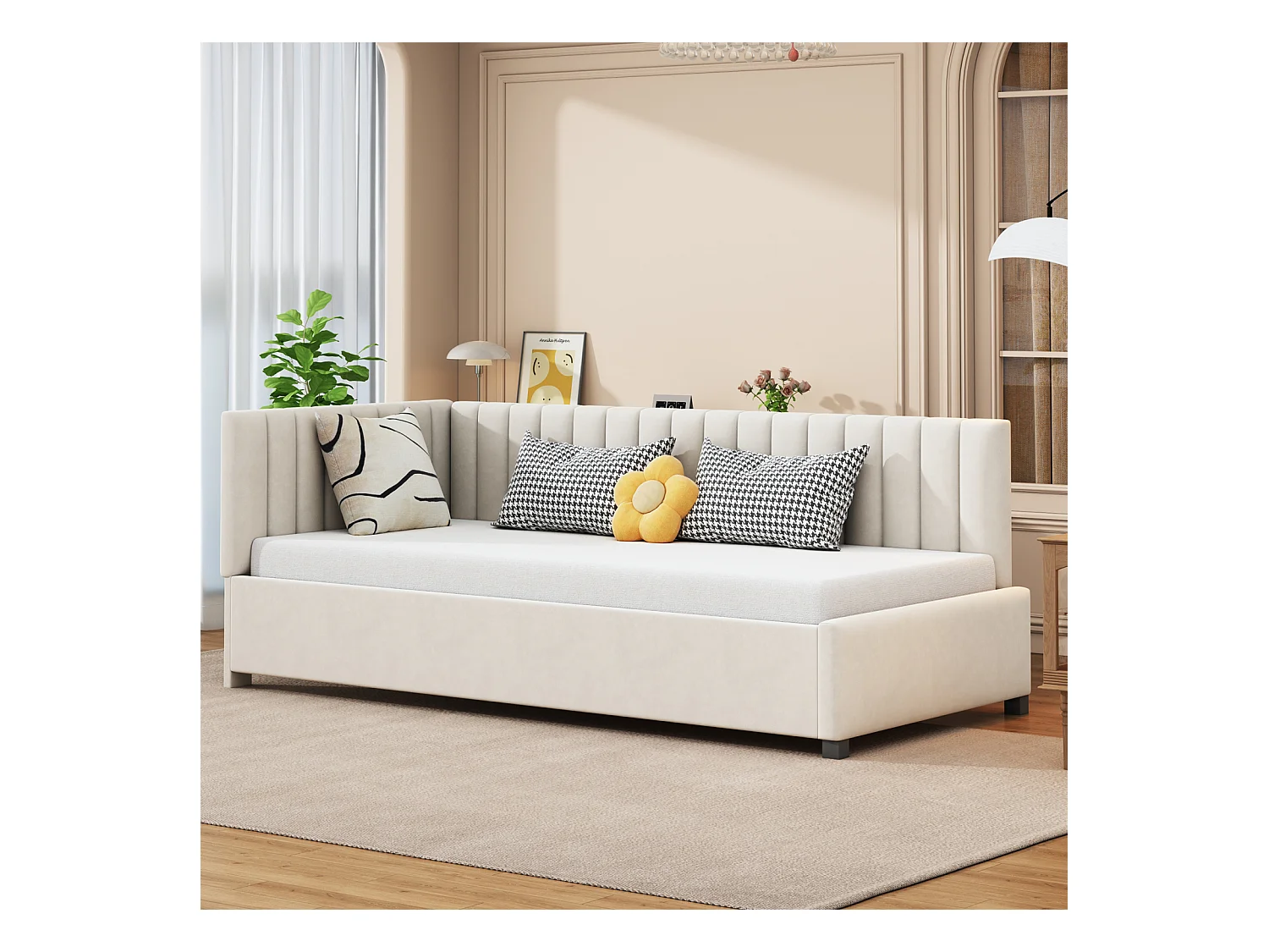 Gestoffeerd uitschuifbed 90x200cm, slaapbank, lattenbodem, eenpersoonsbed, fluweel, Beige