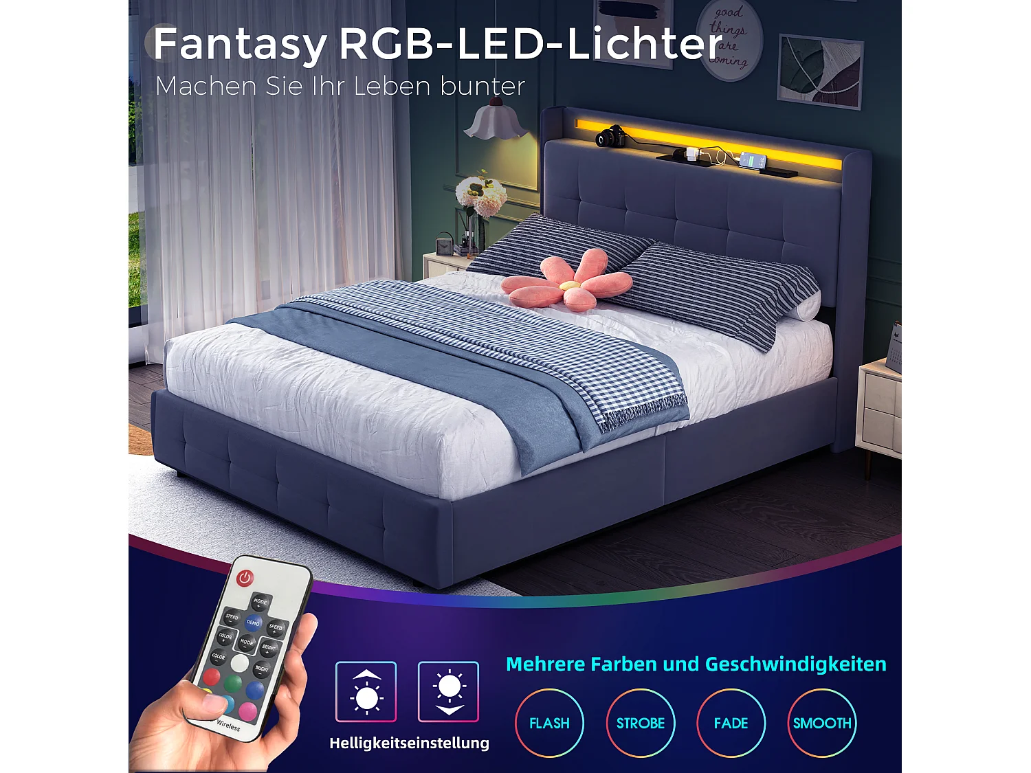 Lit double rembourré 140x200 cm Lit adulte avec lit gigogne éclairage LED 2 tiroirs ports USB et sommier à lattes - gris