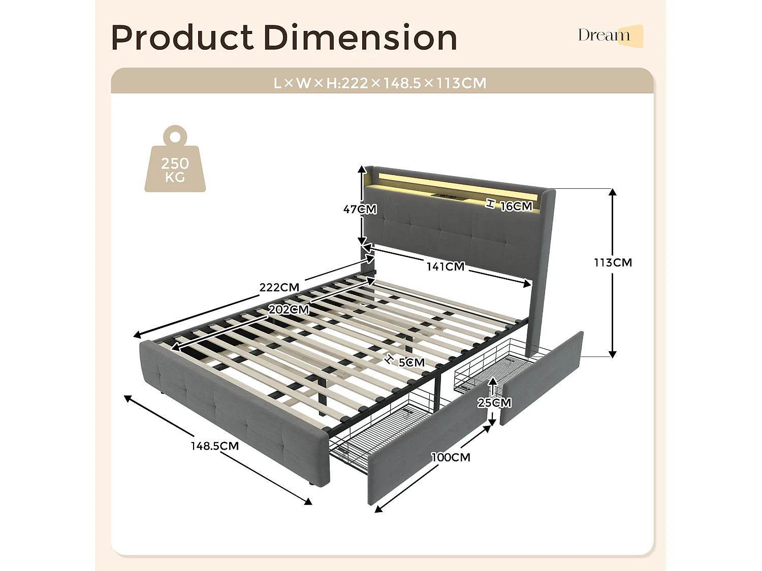 Lit double rembourré 140x200 cm Lit adulte avec lit gigogne éclairage LED 2 tiroirs ports USB et sommier à lattes - gris