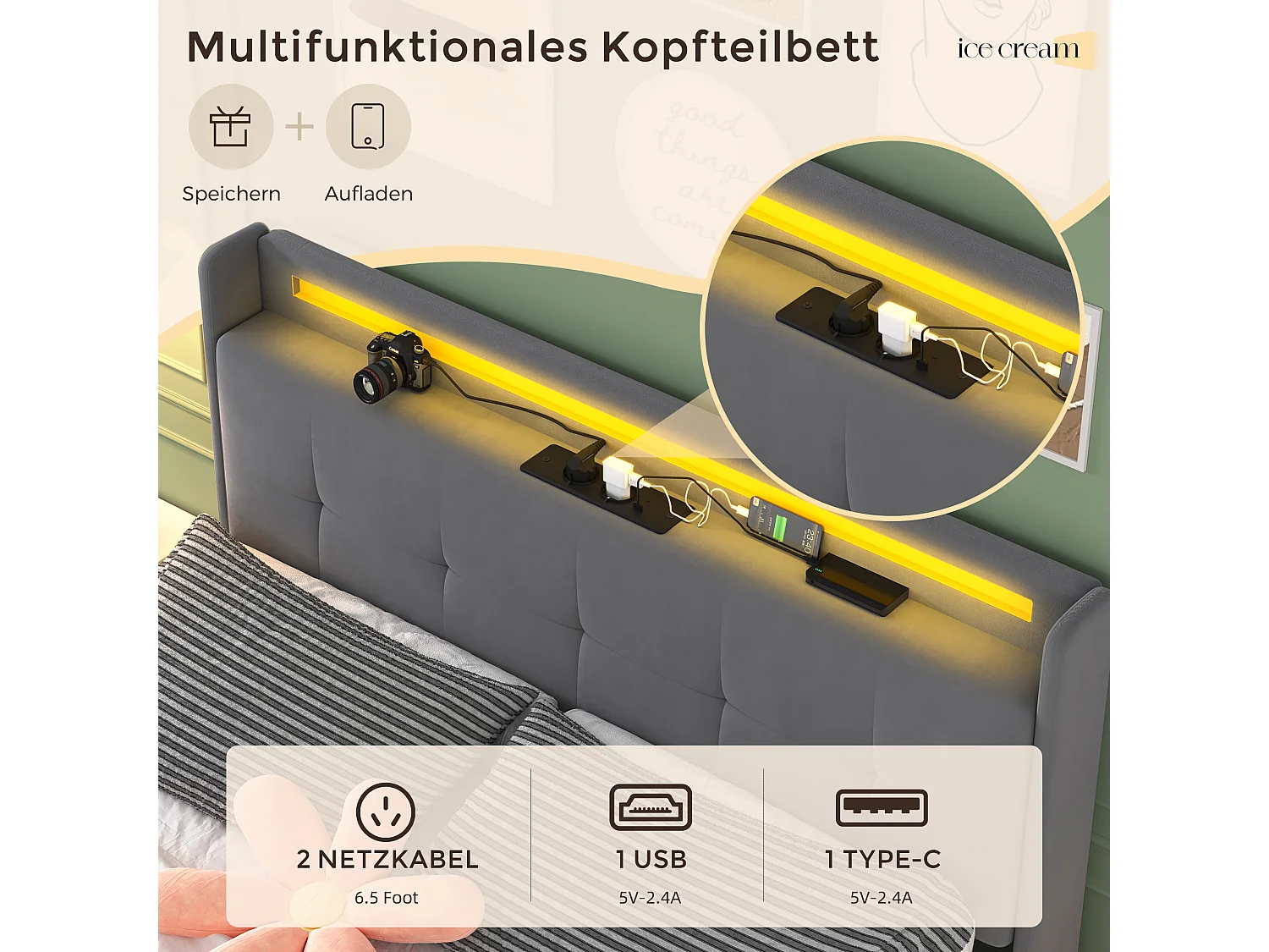 Lit double rembourré 140x200 cm Lit adulte avec lit gigogne éclairage LED 2 tiroirs ports USB et sommier à lattes - gris