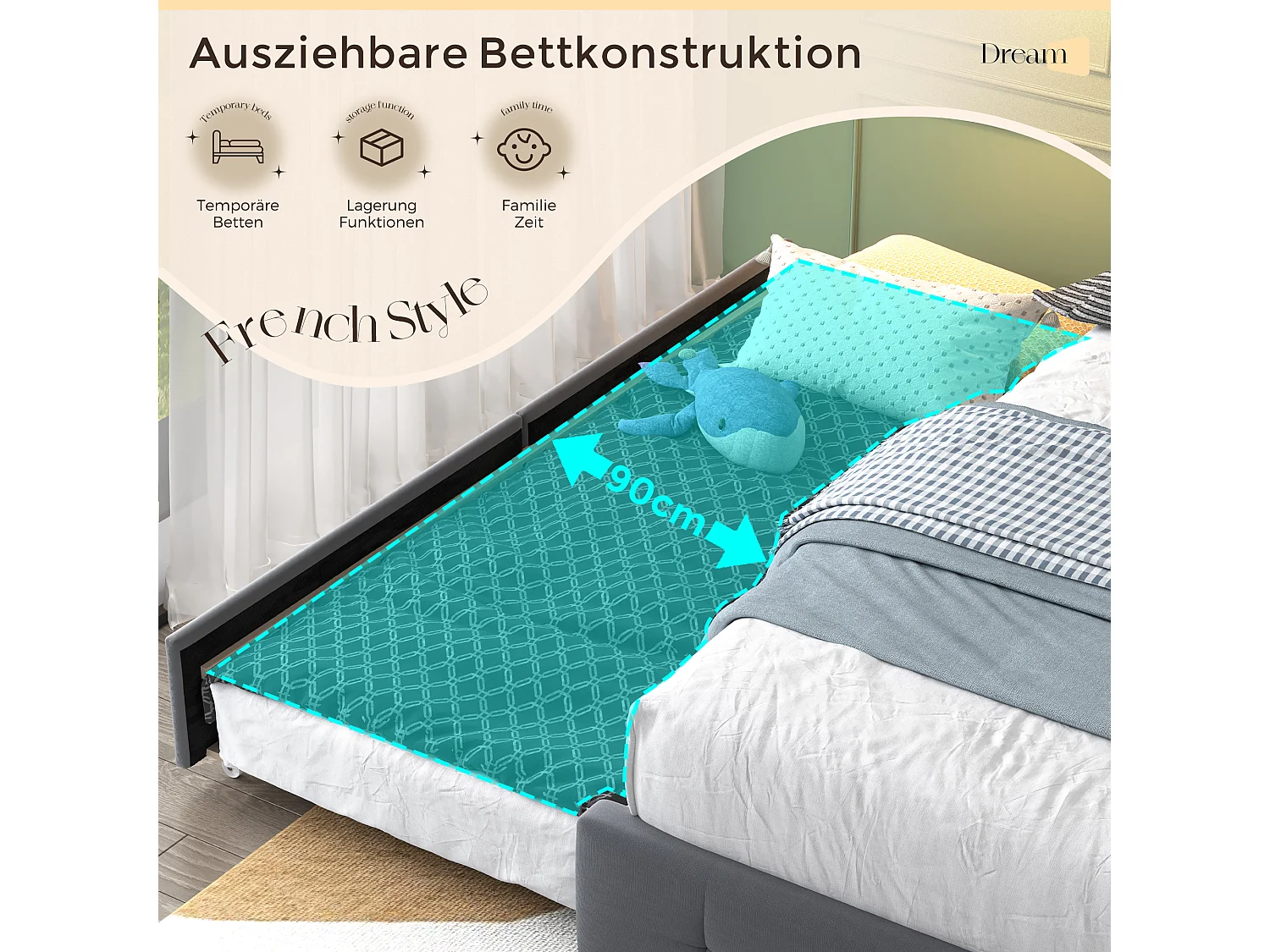 Lit double rembourré 140x200 cm Lit adulte avec lit gigogne éclairage LED 2 tiroirs ports USB et sommier à lattes - gris