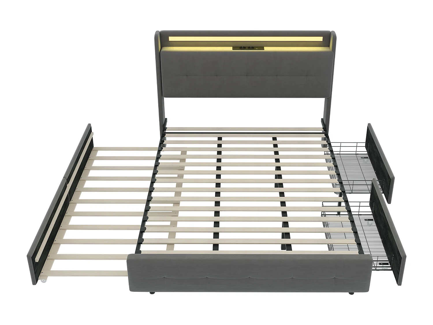 Lit double rembourré 140x200 cm Lit adulte avec lit gigogne éclairage LED 2 tiroirs ports USB et sommier à lattes - gris