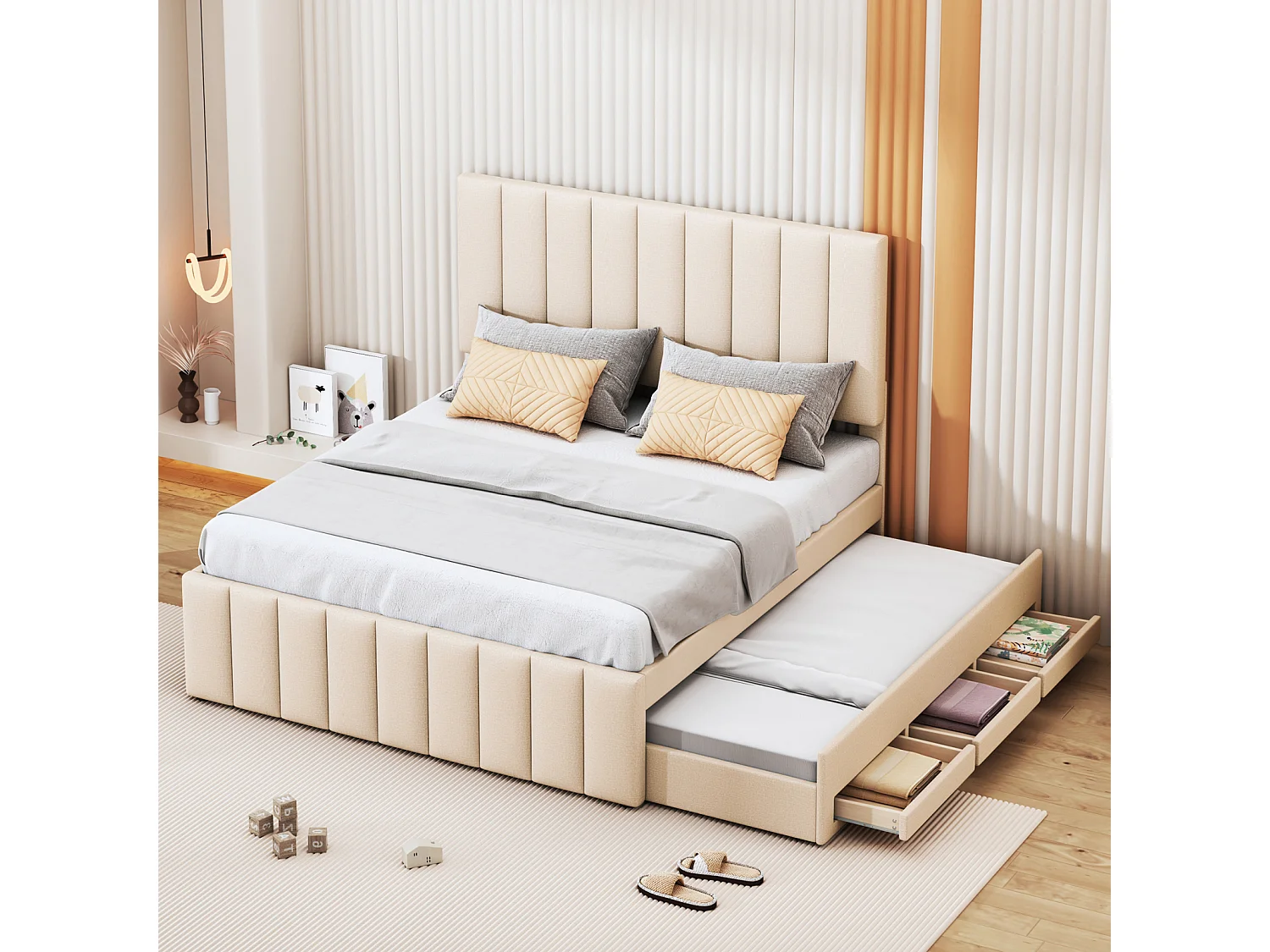 Cama nido 140x200cm+90x190cm, cama con ruedas con 3 cajones, cama tapizada de lino, para niños y jóvenes, color beige