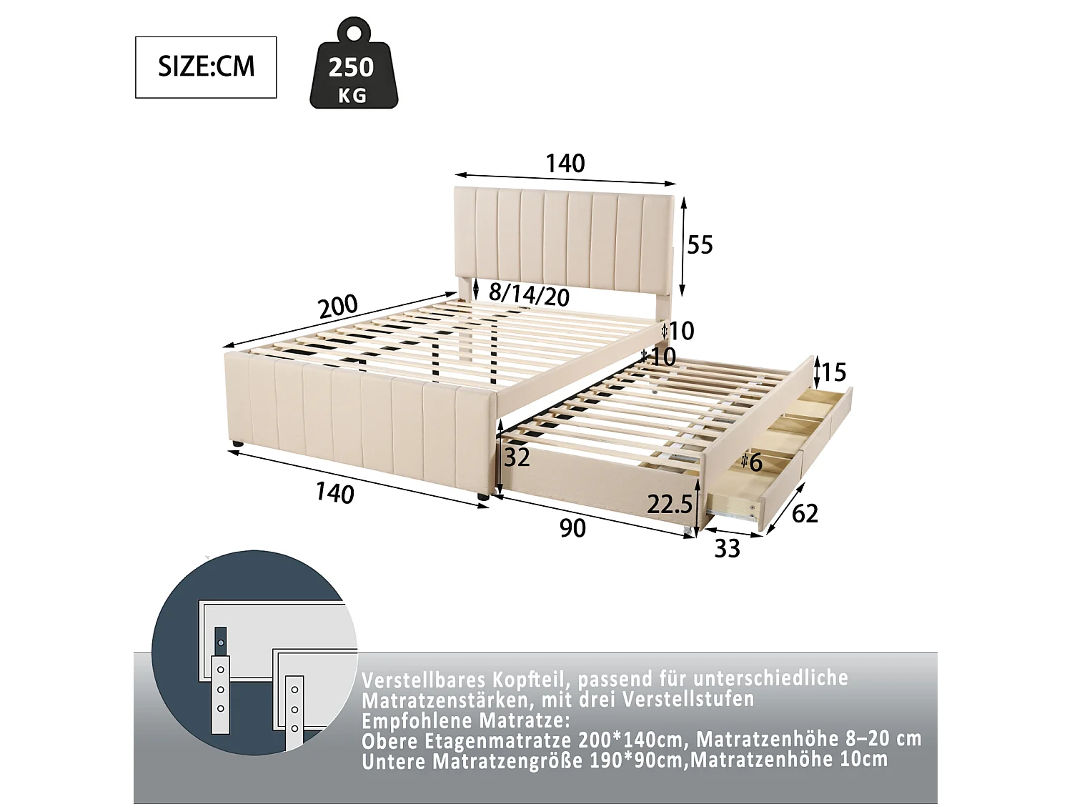 Cama nido 140x200cm+90x190cm, cama con ruedas con 3 cajones, cama tapizada de lino, para niños y jóvenes, color beige