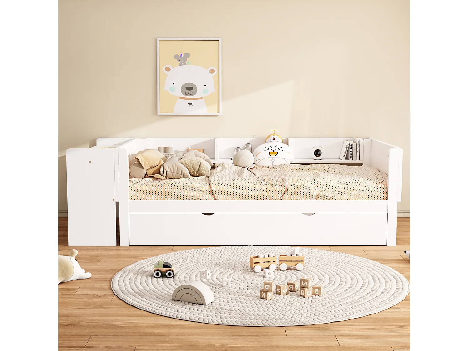 Lit gigogne 90x200cm+90x180cm, avec petit bureau, trois étagères sur le côté du lit, blanc