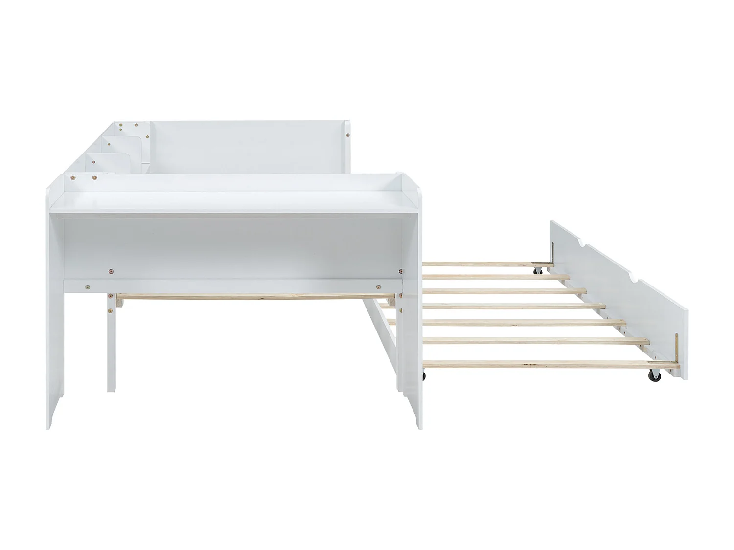 Lit gigogne 90x200cm+90x180cm, avec petit bureau, trois étagères sur le côté du lit, blanc