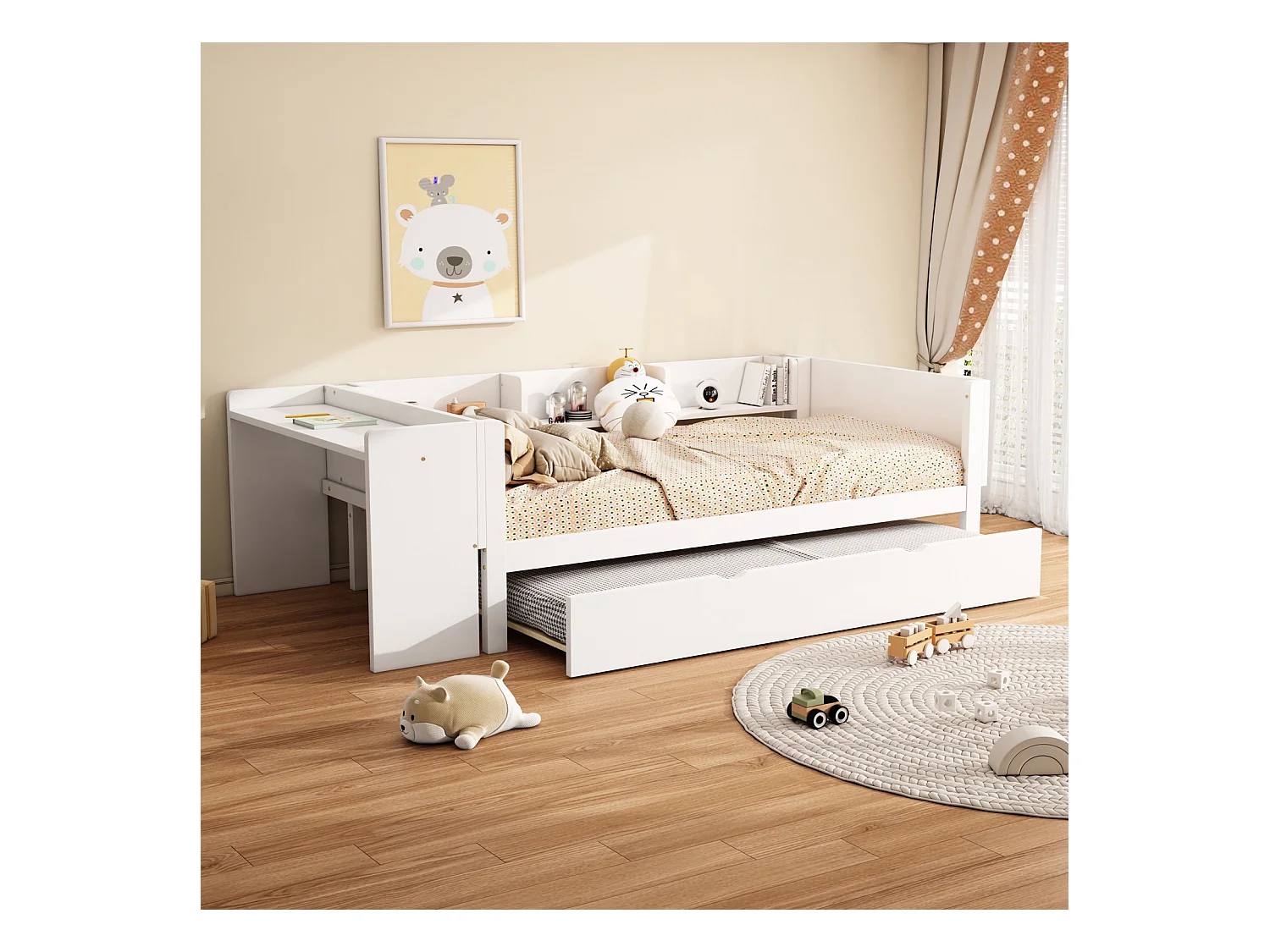Lit gigogne 90x200cm+90x180cm, avec petit bureau, trois étagères sur le côté du lit, blanc