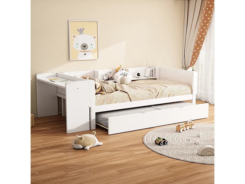 Lit gigogne 90x200cm+90x180cm, avec petit bureau, trois étagères sur le côté du lit, blanc