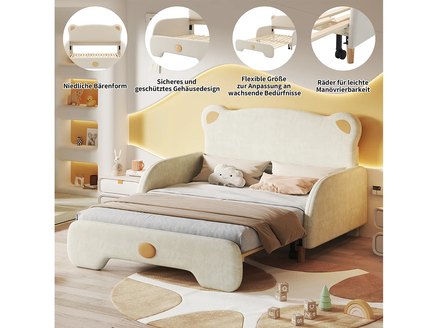 Uitschuifbed 140x110cm & 140x200cm, Tweepersoonsbed gestoffeerd in de vorm van een beer. Met beschermranden, houten lattenbodem, fluweel, beige