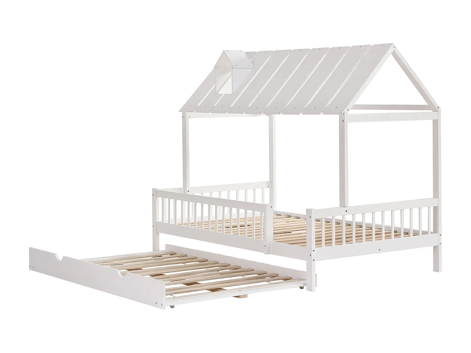 Letto a casetta 120x200cm con letto estraibile 120x190cm, Letto per bambini con tetto, griglia su 3 lati, pino + MDF, Bianco