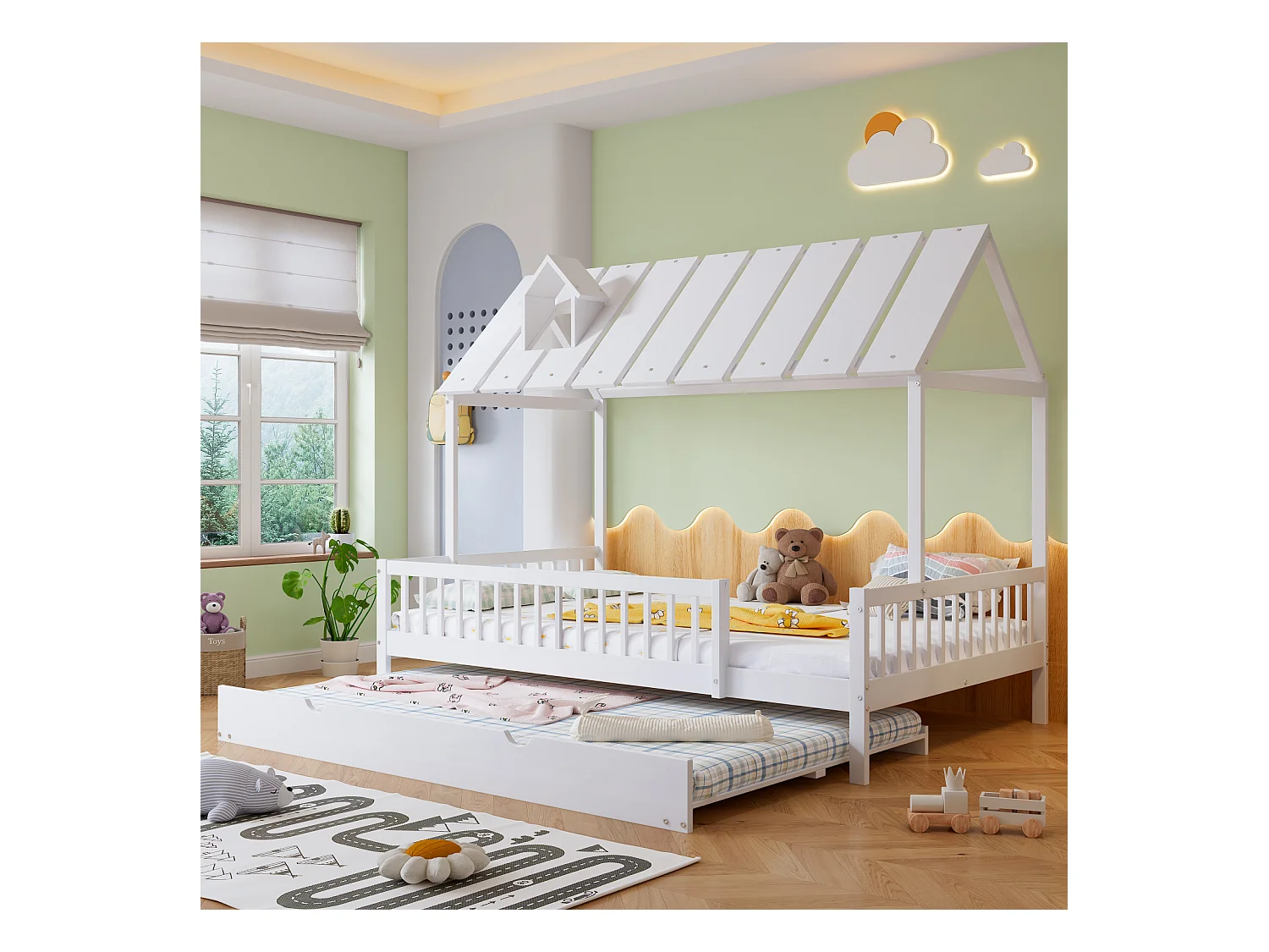 Lit de maison 120x200cm avec lit gigogne 120x190cm,Lit enfant avec toit,grille sur 3 côtés,pin+MDF,Blanc
