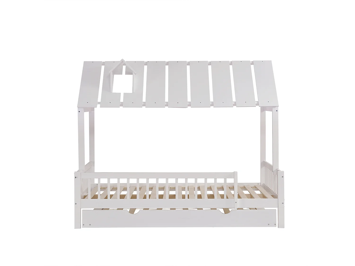 Lit de maison 120x200cm avec lit gigogne 120x190cm,Lit enfant avec toit,grille sur 3 côtés,pin+MDF,Blanc