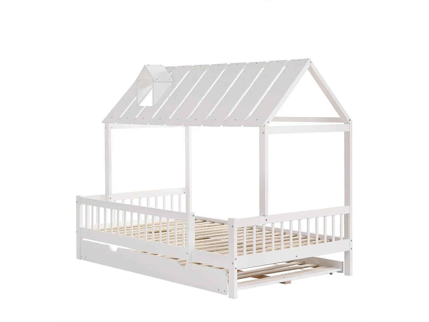 Lit de maison 120x200cm avec lit gigogne 120x190cm,Lit enfant avec toit,grille sur 3 côtés,pin+MDF,Blanc