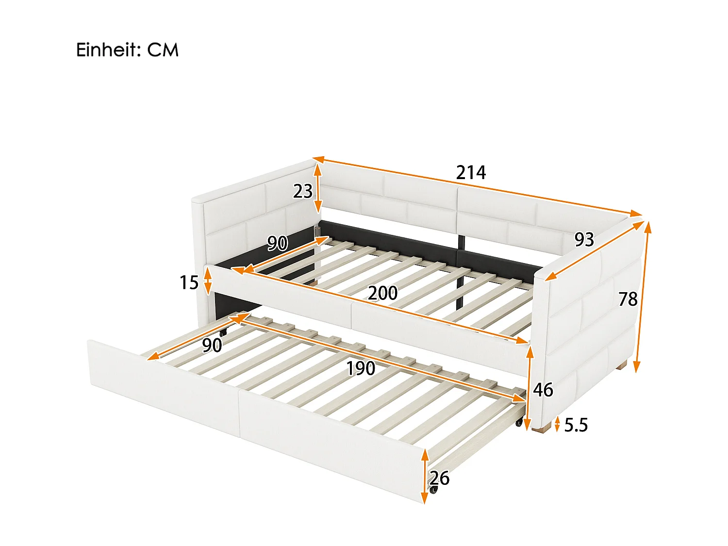 Uitschuifbed 90x200 cm Uitschuifbare slaapbank Minimalistisch eenpersoonsbed met wielen en lattenbodem - beige