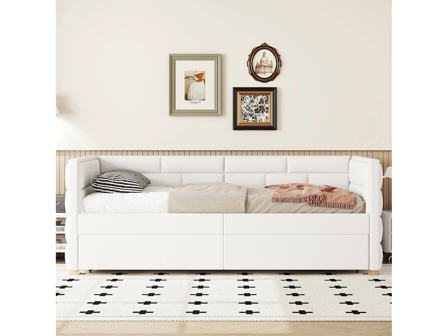 Uitschuifbed 90x200 cm Uitschuifbare slaapbank Minimalistisch eenpersoonsbed met wielen en lattenbodem - beige