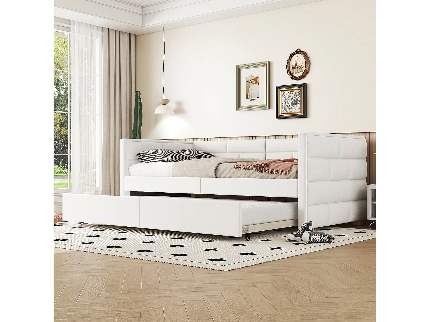 Uitschuifbed 90x200 cm Uitschuifbare slaapbank Minimalistisch eenpersoonsbed met wielen en lattenbodem - beige