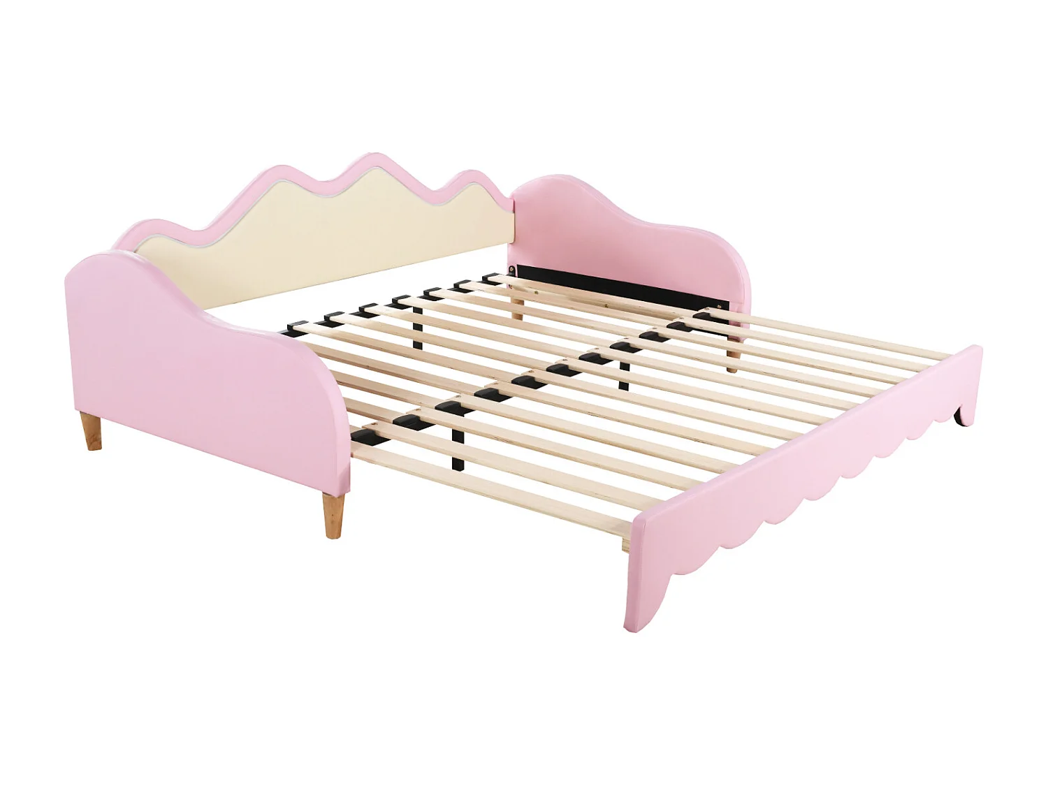 Uitschuifbed 90/180x190cm, kinderbed in imitatieleer met ledverlichting, met lattenbodem, zonder matras, roze