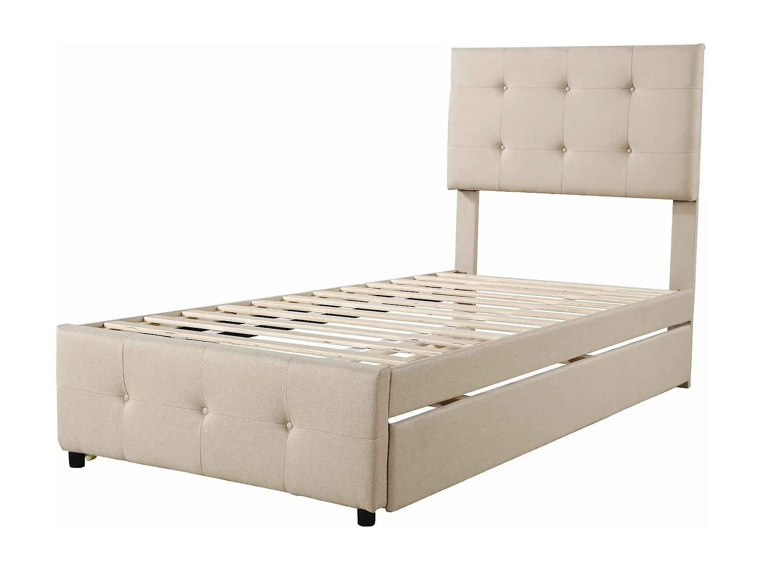 Uitschuifbed 90x200cm+90x190cm, Kinderbed gestoffeerd, uitschuifbaar linnen bed met lattenbodem, verstelbaar hoofdeinde, beige