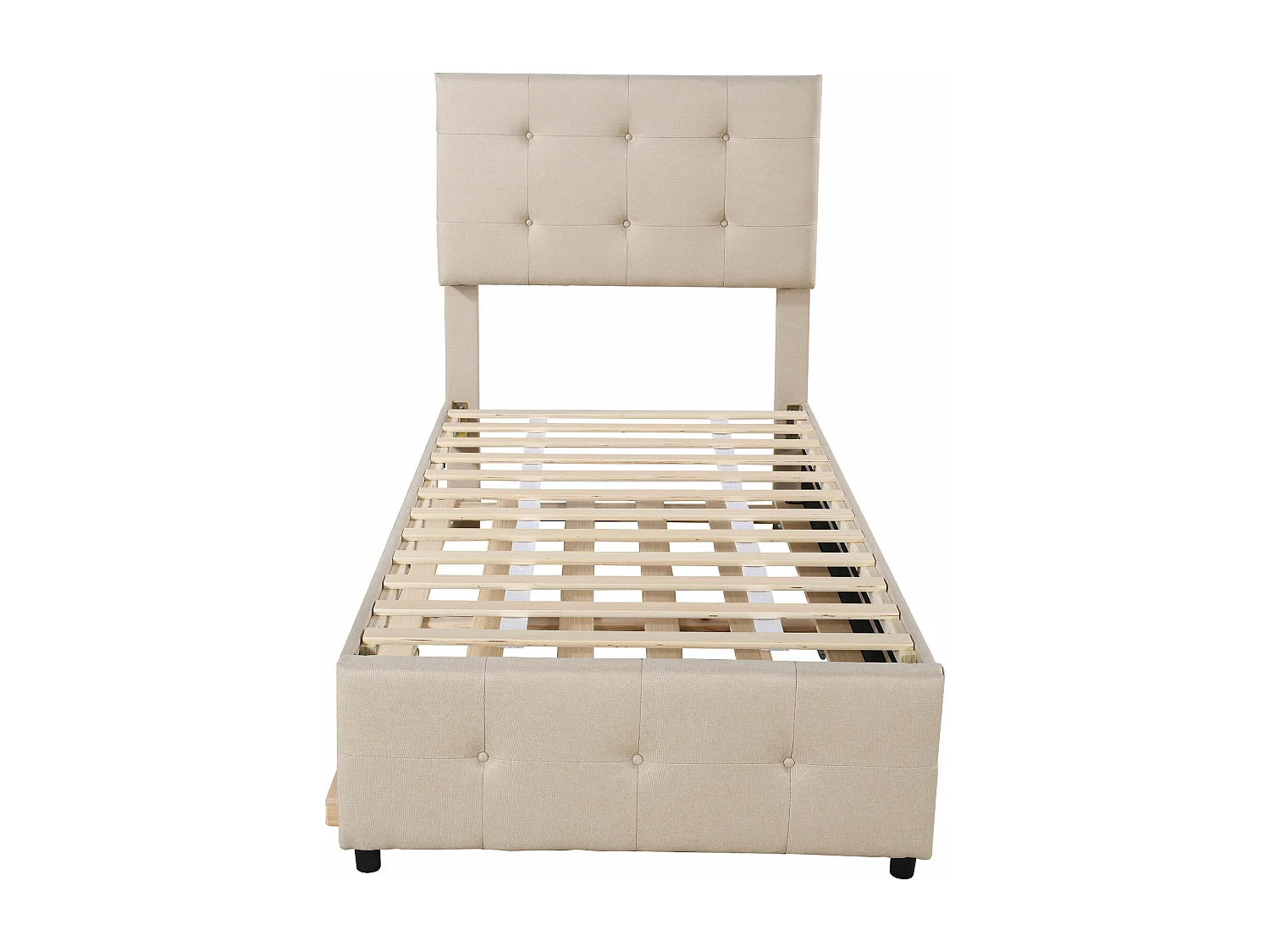 Uitschuifbed 90x200cm+90x190cm, Kinderbed gestoffeerd, uitschuifbaar linnen bed met lattenbodem, verstelbaar hoofdeinde, beige