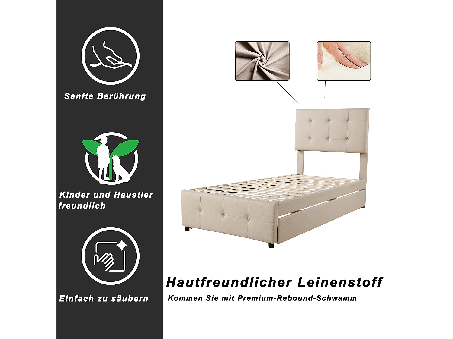 Uitschuifbed 90x200cm+90x190cm, Kinderbed gestoffeerd, uitschuifbaar linnen bed met lattenbodem, verstelbaar hoofdeinde, beige