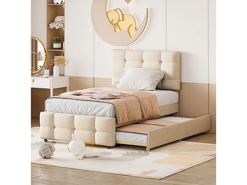 Lit gigogne 90x200cm+90x190cm, Lit capitonné d'enfant, lit extensible en lin avec sommier à lattes, tête de lit réglable, beige