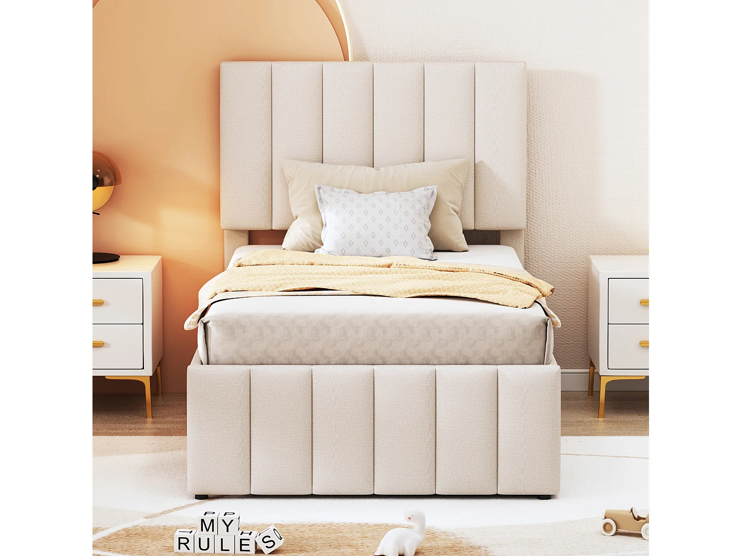 Uitschuifbed 90x200cm+90x190cm, bed op wielen met 3 lades, gestoffeerd linnen bed, voor kinderen en jongeren, beige