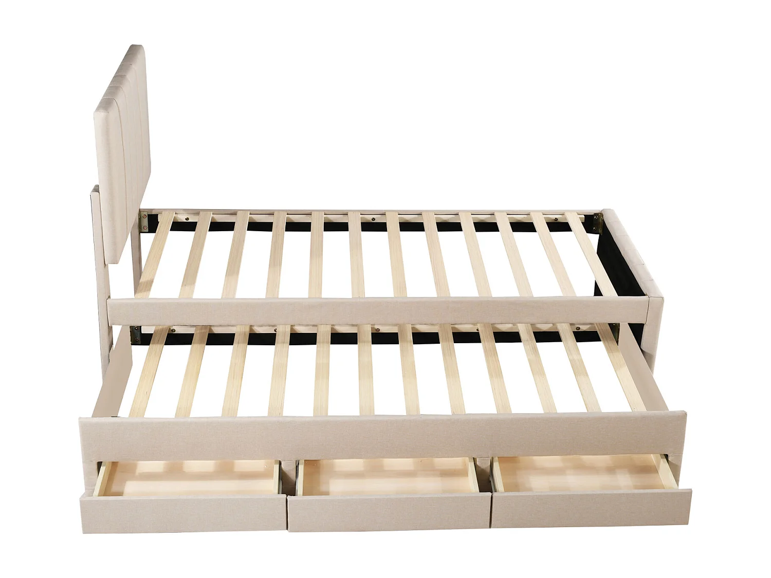 Uitschuifbed 90x200cm+90x190cm, bed op wielen met 3 lades, gestoffeerd linnen bed, voor kinderen en jongeren, beige