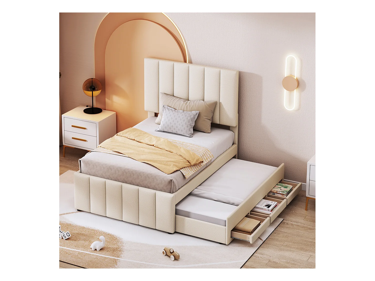 Lit gigogne 90x200cm+90x190cm, lit à roulettes avec 3 tiroirs, lit capitonné en lin, pour enfant et jeune, beige