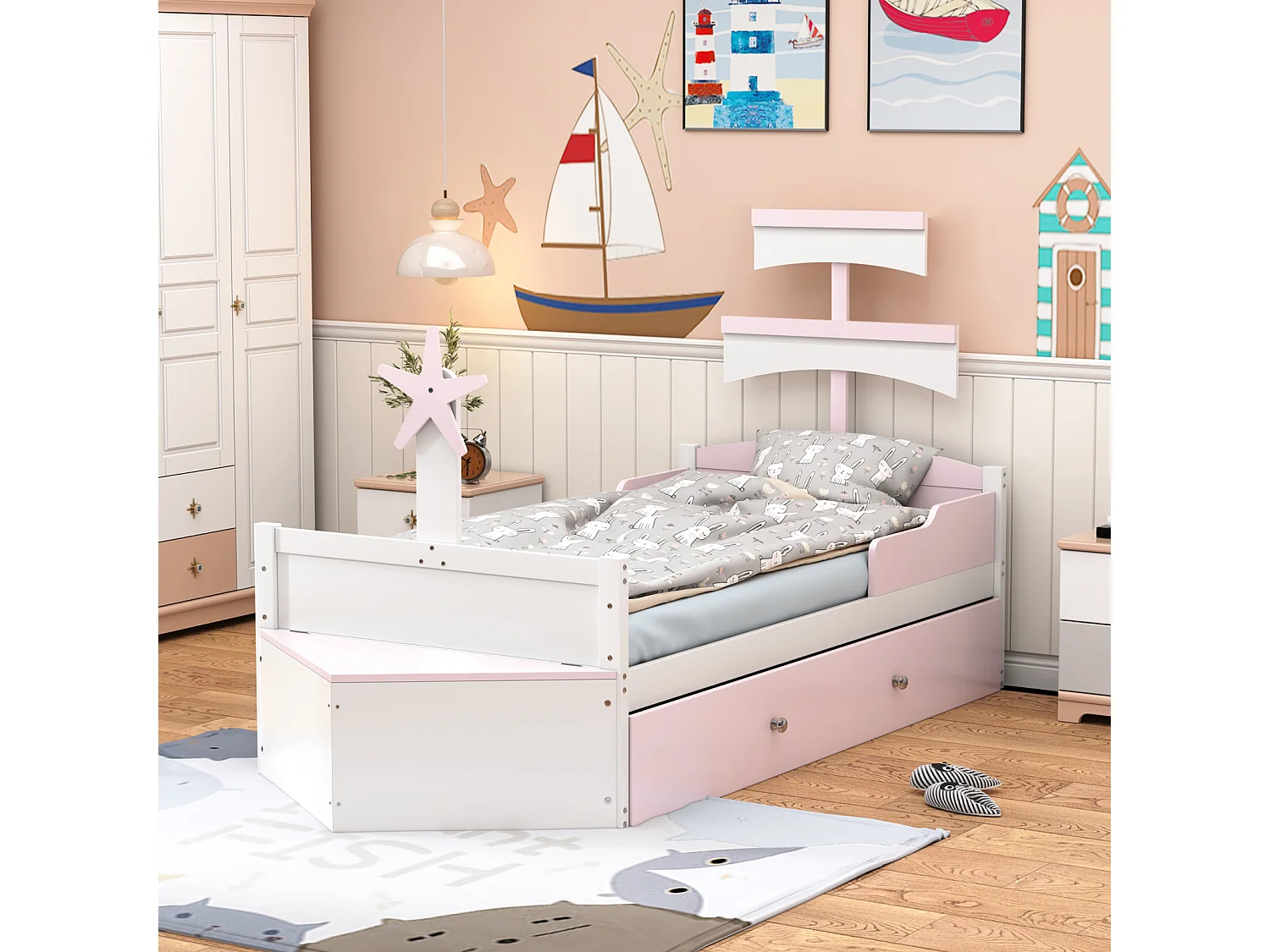 Letto estraibile 90x200cm+90x190cm, struttura letto a forma di barca a vela con rete a doghe, armadio contenitore, rosa