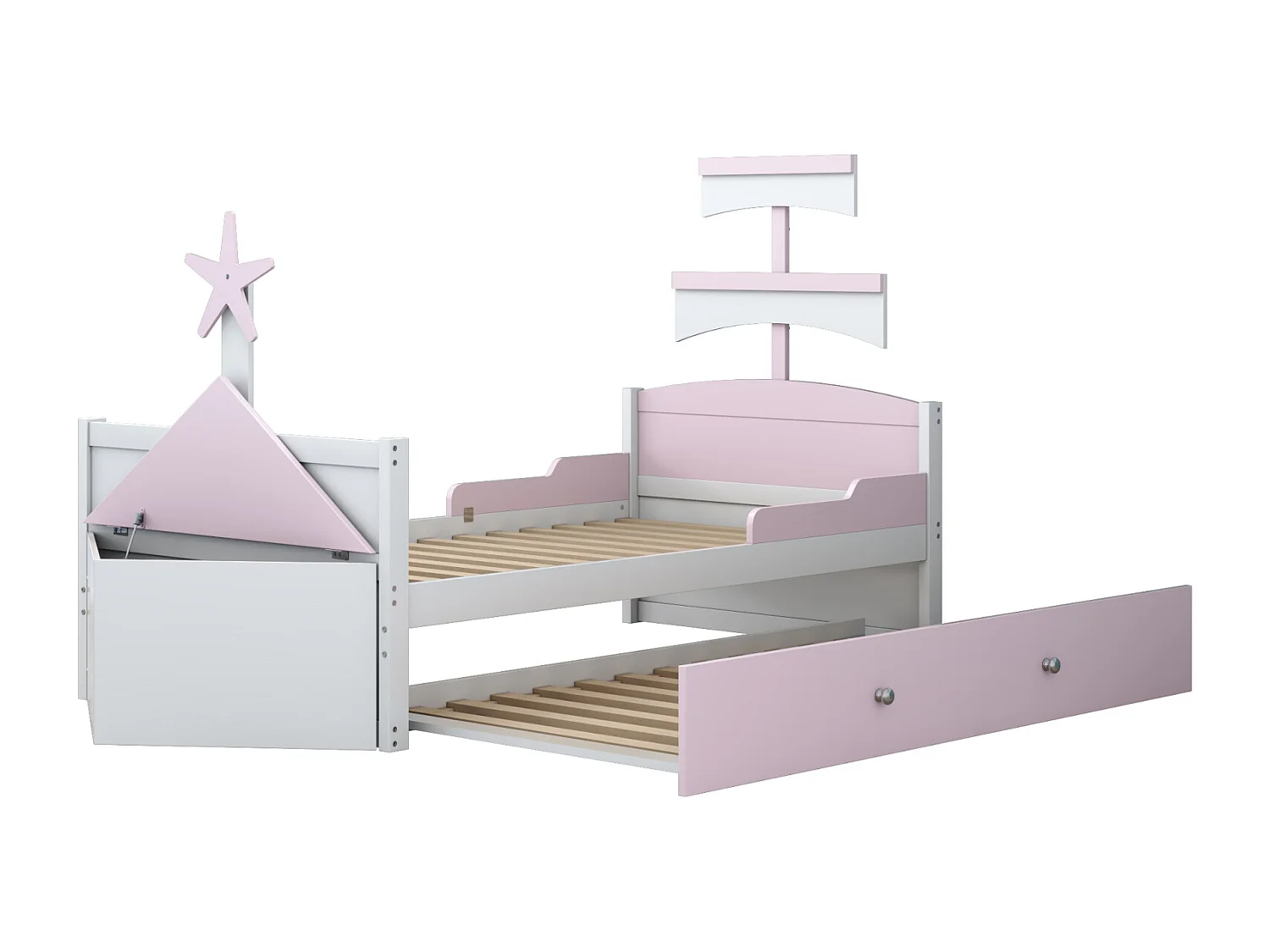 Letto estraibile 90x200cm+90x190cm, struttura letto a forma di barca a vela con rete a doghe, armadio contenitore, rosa