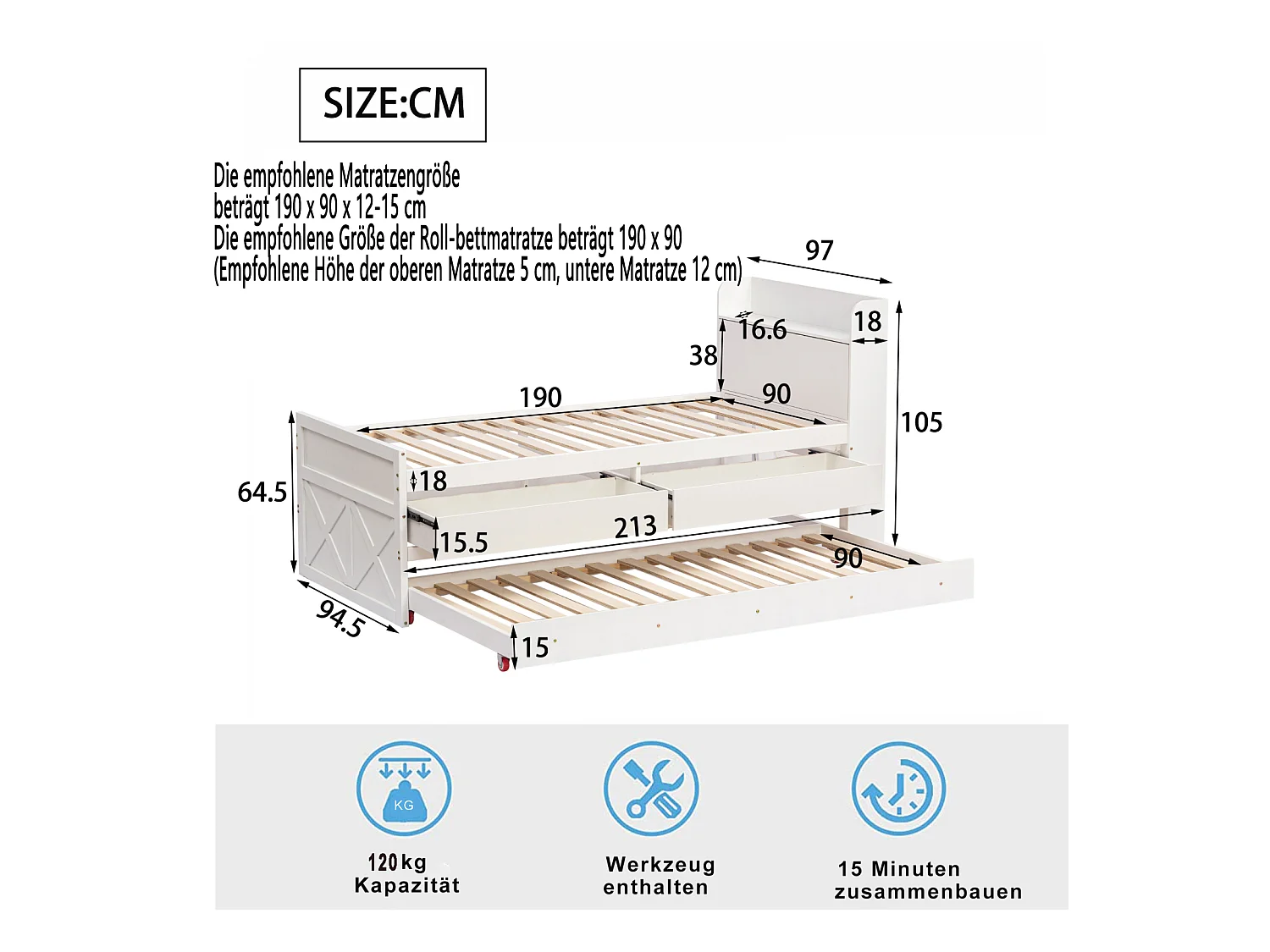 Uitschuifbed 90x190cm, kinderbed met uitschuifbare lade, lattenbodem, hoofdbord met opbergplanken en USB-aansluiting, wit